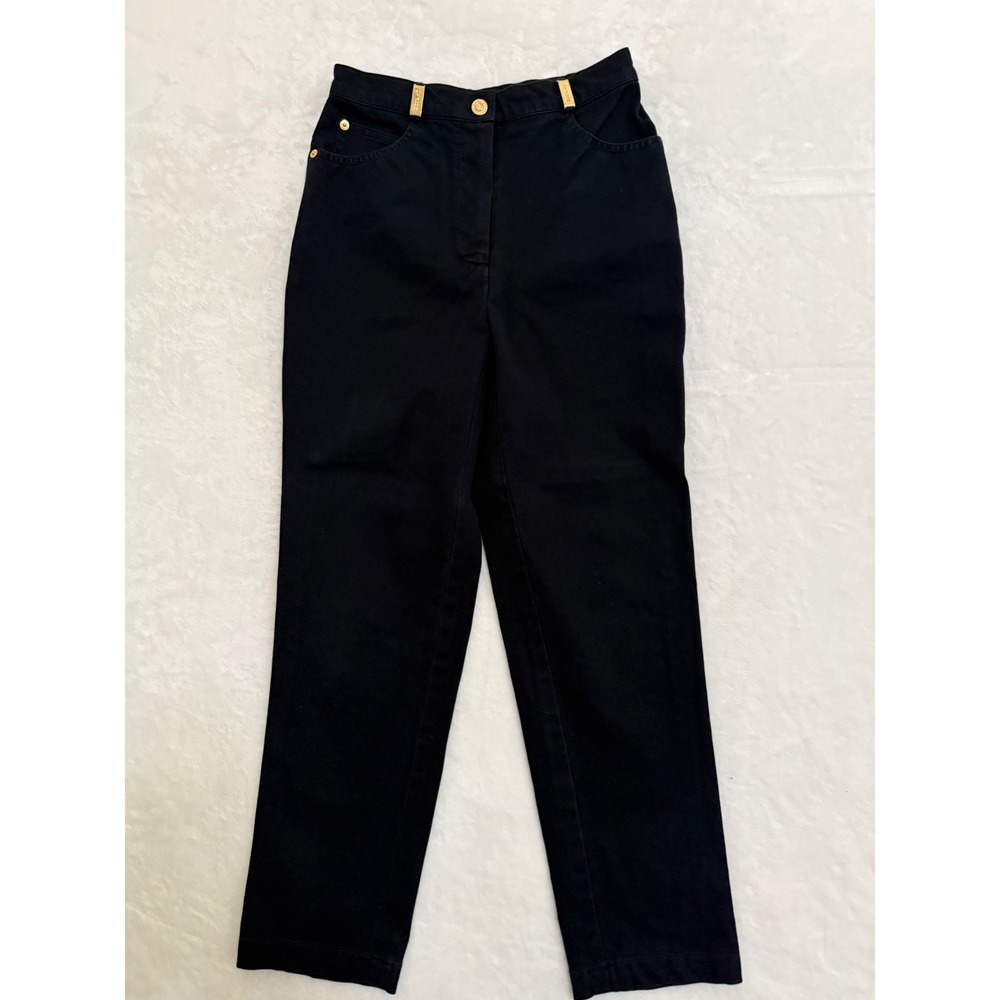 St. John Sport Marie Gray Black High Rise Straight Leg Pants Gold Hardware Sz 2
